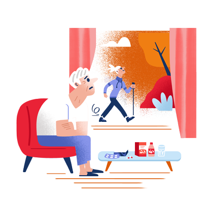 Senior sur son fauteuil devant une table avec ses médicaments regardant par la fenêtre une personne âgée pratiquant une activité physique