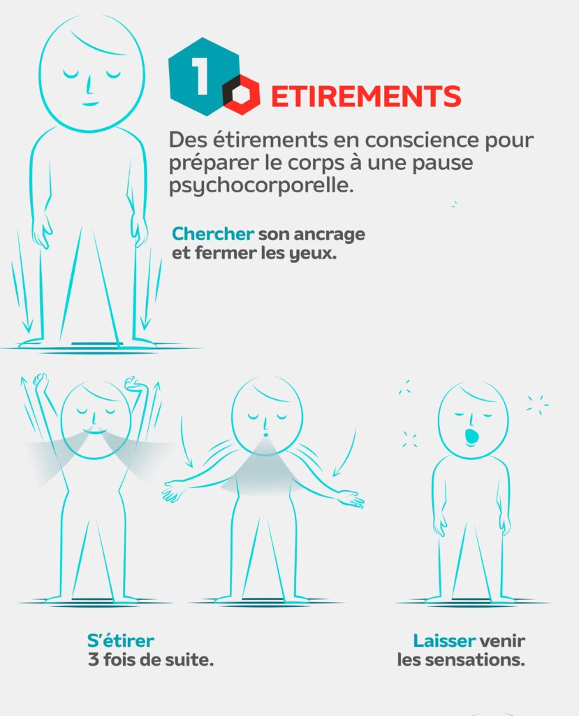 Des étirements en conscience pour préparer le corps à une pause psychocorporelle.
Chercher son ancrage et fermer les yeux. S'étirer 3 fois de suite. Laisser venir les sensations.
