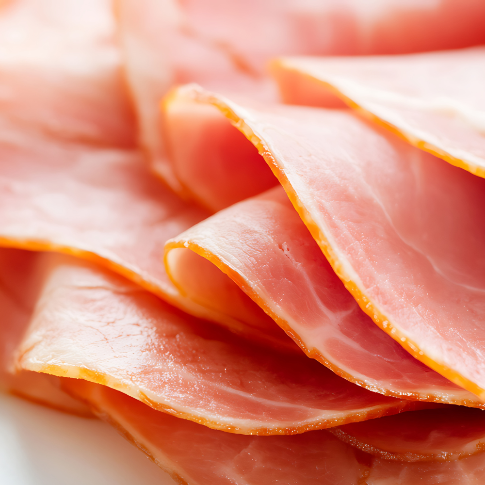 Tranches de jambon rose contenant des conservateurs nitrités.
