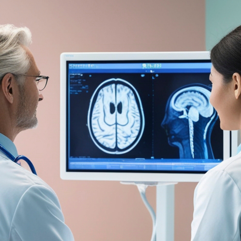 Deux professionnels de santé analysant une IRM cérébrale sur un écran haute définition pour diagnostiquer une pathologie neurologique.